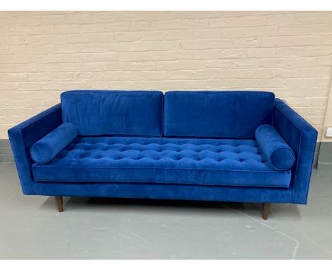 Calvers &amp; Suvdal : A Staunton 3 seater sofa, navy velvet with walnut legs, width 207cm,  new and boxed.