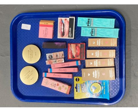 Eighteen items of cosmetics - Max Factor pressed powder, Bright on concealer, Mini Mac Ruby Woo and clear lip gloss, Jolly Ra