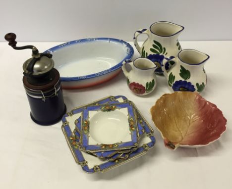 A box of ceramics to include a large French 1998 World Cup commemorative dish, a Royal Winton leaf dish, a vintage Burgess Wa