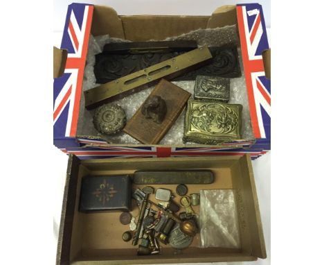 A box of mixed items to include a Black Forest bear blotter, 2 small spirit levels, pewter boxes, a mother of pearl knife & m