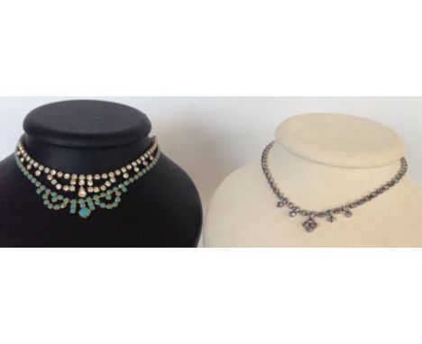 3 vintage evening necklaces, one set with turquoise blue coloured stones, one set with blue and red striped diamante stones a