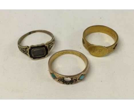 3 vintage gold rings - 1) a 15ct signet ring with woven style sections (engraved, approx 2.4g). 2) An 1846 mourning ring (tes