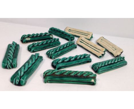 12 vintage green ceramic rope tiles - possibly knife rests (2 a/f).