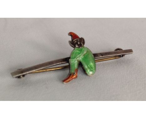 Vintage Sterling silver bar brooch with an enamelled pixie.