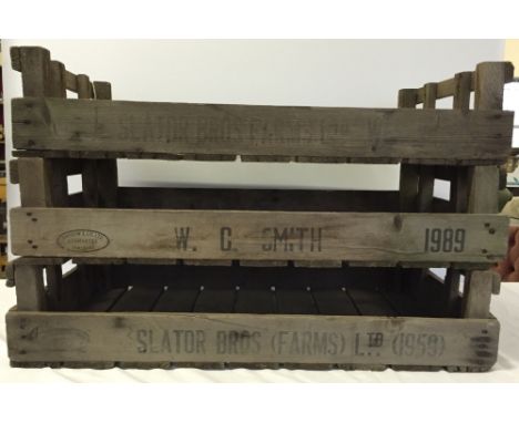 3 vintage wooden apple/veg box trays with 'Slater Bros Farm' and 'W. C. Smith' stenciled names.