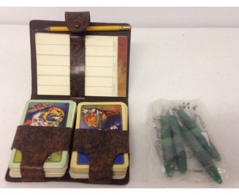 A 1930s leather bridge playing card set with 2 packs, pencil & scoring pad, issued by Wills Cigarettes. Plus 4 early bridge p
