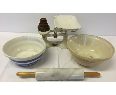 A box of kitchenalia comprising 2 large mixing bowls including a TG Green Cornishware bowl, vintage white cast iron kitchen s