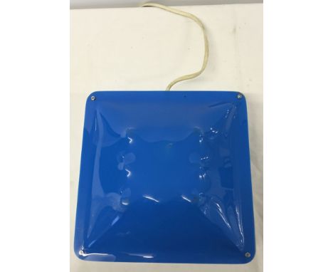 A retro 1950s blue & white plastic pendulum ceiling light. 23cm square.