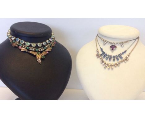 A collection of 6 vintage necklaces to include aurora borealis, clear and coloured paste stones.