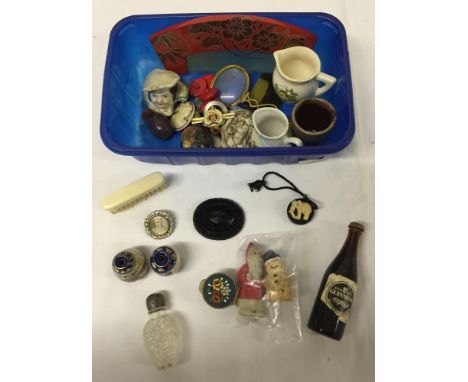 A small box of misc items to include a miniature pair of oriental vases, vintage Father Christmas and snowman, pill pot with 