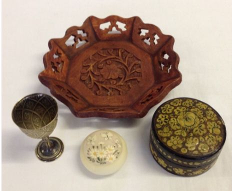 A small tray of mixed items to include an Indian papier mache lidded trinket box, an alabaster pill box decorated with hand p