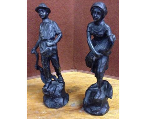 A pair of vintage spelter figures. Man & woman, agriculture themed. Approx 8.5"/21cm tall.