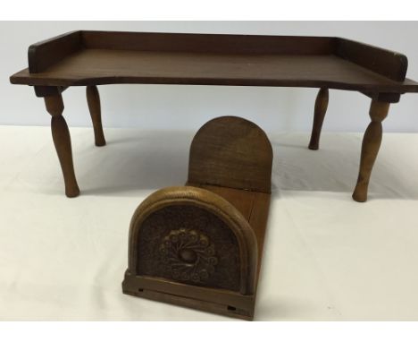 Indian handcarved hardwood book stand, adjustable, c1940s with a vintage wooden tray on 4 legs, for use in bed.