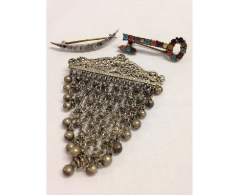 3 antique/vintage silver brooches:- a key set with coloured stones (1 missing), a crescent set with white stones (1 missing) 