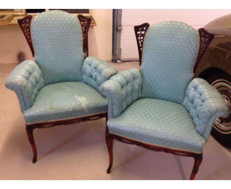 Pair vintage blue upholstered chairs - in need of re-upholstering.