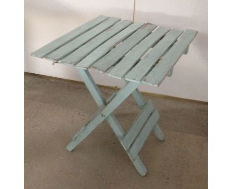 A vintage blue painted wooden picnic table. 53 x 45 x 50cm.
