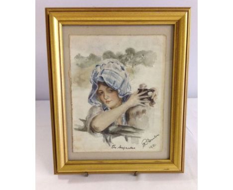 A framed & glazed watercolour 'The Haymaker' signed R Dunton 1921.  Frame size 30cm x 25cm.