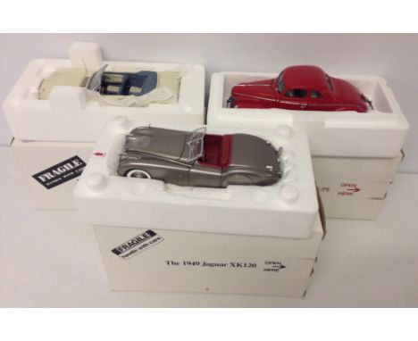 3 boxed Danbury Mint 1:24 scale cars: 1) 1949 Jaguar XK120. 2) 1940 Ford Deluxe Coupe and 3) 1966 Ford Mustang. N.B. Jaguar h