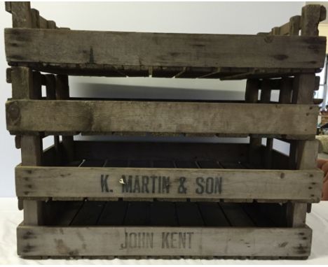 4 vintage wooden apple/veg box trays with 'John Kent' and 'K. Martin & Son' stenciled names.