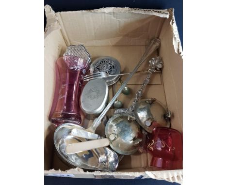 SMALL BOX OF EPNS AND RUBY GLASS 