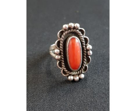 SILVER AND CORAL VINTAGE RING 