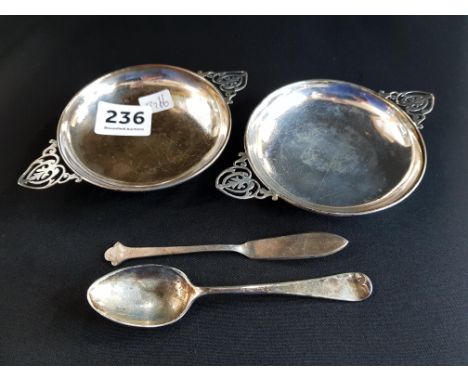 PAIR OF SILVER DISHES, SPOON AND BUTTER KNIFE 