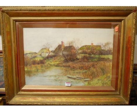 R Halfnight - Punt on a rural river, watercolour, signed lower right, 35 x 52cm
