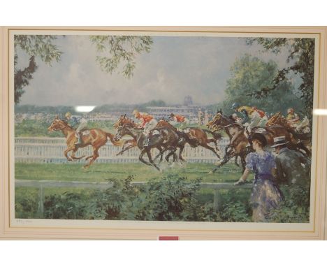 Gilbert Holliday - horseracing scene, limited edition print, No. 392/500 together with a reproduction town plan print of Newm