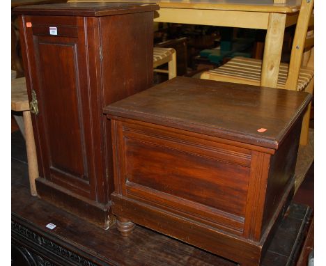 An Edwardian walnut single door bedside cupboard; together with an Edwardian walnut hinge-top commode; and two elm milking st