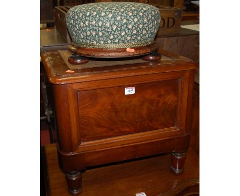 A Victorian mahogany round cornered hinge top commode, together with a Victorian mahogany circular low footstool (2)