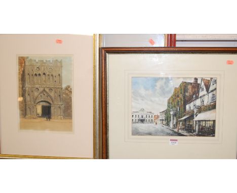 R Siger - The Angel Hill, Bury St Edmunds, ink and watercolour, 22 x 30cm; together with The Abbey Gateway, Bury St Edmunds, 
