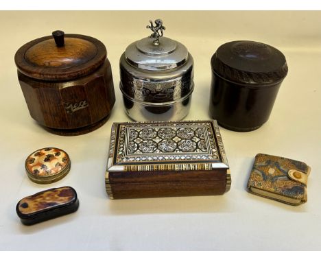 A Mixed lot of Vintage tin boxes to include a mother of pearl style trinket box, wooden tea and tobacco pots etc