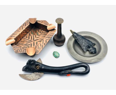 Collection of odds to include an Art Deco brass ashtray. 13cmCast Iron Bull can opener. 15cmSmall pewter dish. 10cmFlint spea