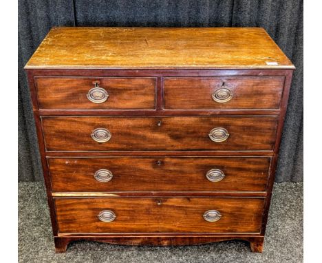 19th century chest, two short drawers over three graduating drawers with brass swing handles, raised on bracket feet