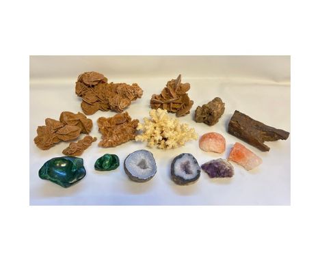 A mixed lot to include Desert Rose Crystals, Amethyst crystals, Coral etc