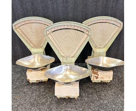 Three sets of Vintage Avery Grocers Scales, Together with Electric Avery Grocers scales.