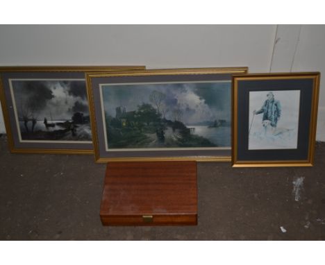 BOX CONTAINING PAIR OF GILT FRAMED UNSIGNED RURAL VILLAGE SCENES TOGETHER WITH A FRAMED PRINT OF A MAN AND HIS DOG, AND A WOO