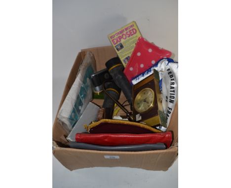BOX OF SUNDRIES TO INCLUDE QUARTZ MANTEL CLOCK, CLUTCH BAGS ETC