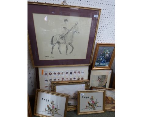 Assorted hunting and animal prints, two Chinese silk panels, Collection of Players Dog Cigarette cards, maritime print
