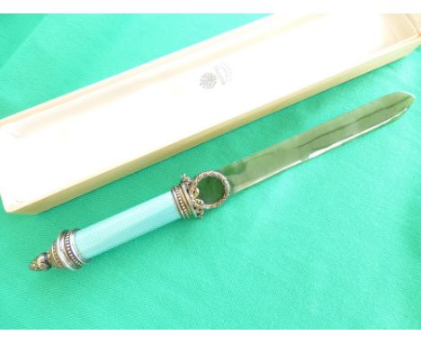 Very good "Faberge" silver enamel and green jade paper knife with enamel handle, silver mounted and hade blade, stamped 88.