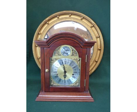 Modern Mahogany bracket clock by Tempus Fugit and gilt convex mirror 38H x 32W