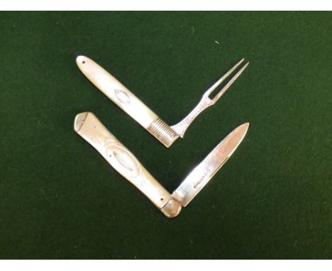 Victorian silver and mother of pearl fruit knife, and an olive fork