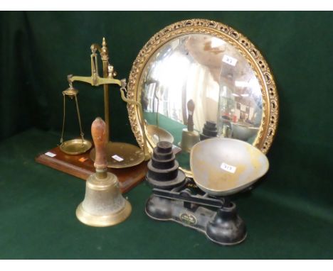 W & T Avery Ltd brass scales on wood base, set of Salter scales, a wooden handled brass bell inscribed "Fiddian" and a giltwo