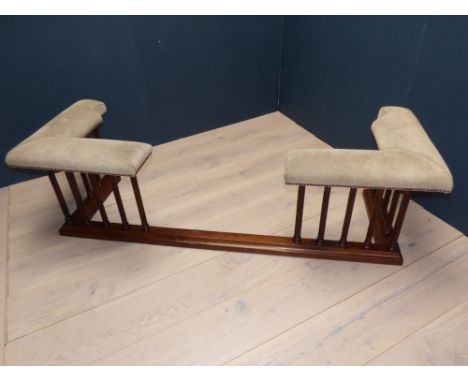 Large oak framed club fender with light grey suede style and brass studded top, 54cmHx187cmW