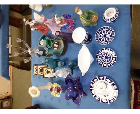 Four Royal Doulton figurines, 6 pieces Derby, blue and white blanks, Poole pottery animals, decorative ceramics etc
