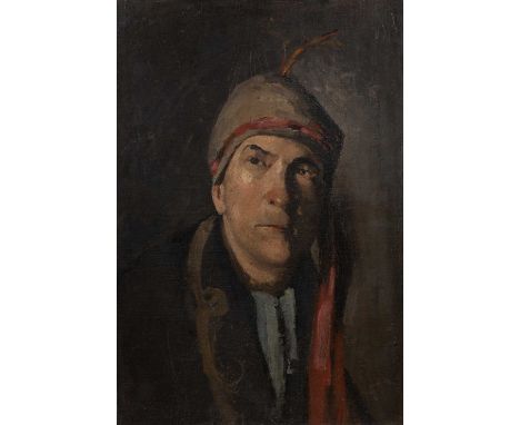 20th century English schoolShoulder length portrait of Steven Runciman (1903-2000) wearing a plumed cap with red ribbon, insc