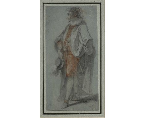Follower of Jean Antoine Watteau (1684-1721)Full length study of a young cavalier, pencil and sanguine chalks heightened in w
