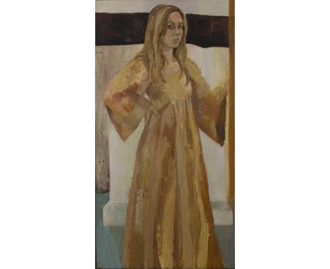 20th century British schoolThree quarter portrait of a young lady with shoulder length hair and wearing a yellow dress, oil o