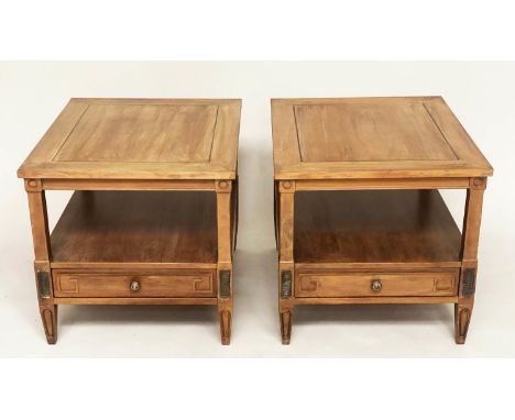 LAMP TABLES, an American pair, Directoire style walnut and silvered metal mounted each with two tiers and drawer, 56cm W x 66