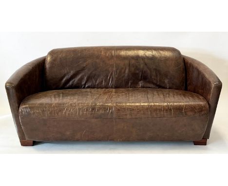 SOFA, Art Deco Club style, stitched tan leather, raised on square supports, 169cm W x 68cm H. 